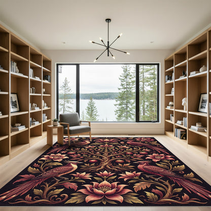 Crimson Birds Floral Tree Composition Rug