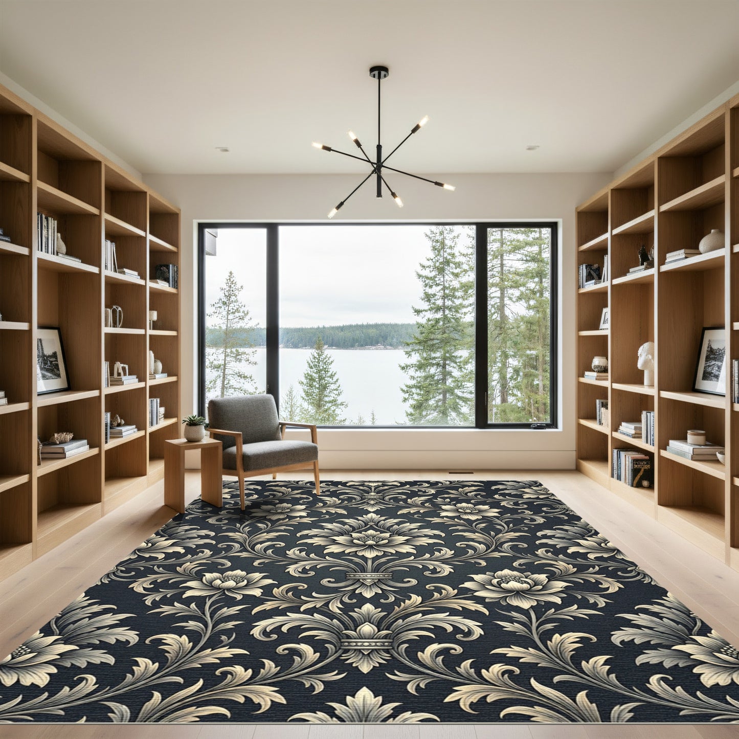 Elegant Charcoal Floral Damask Scroll Rug