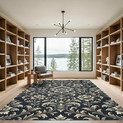 Elegant Charcoal Floral Damask Scroll Rug
