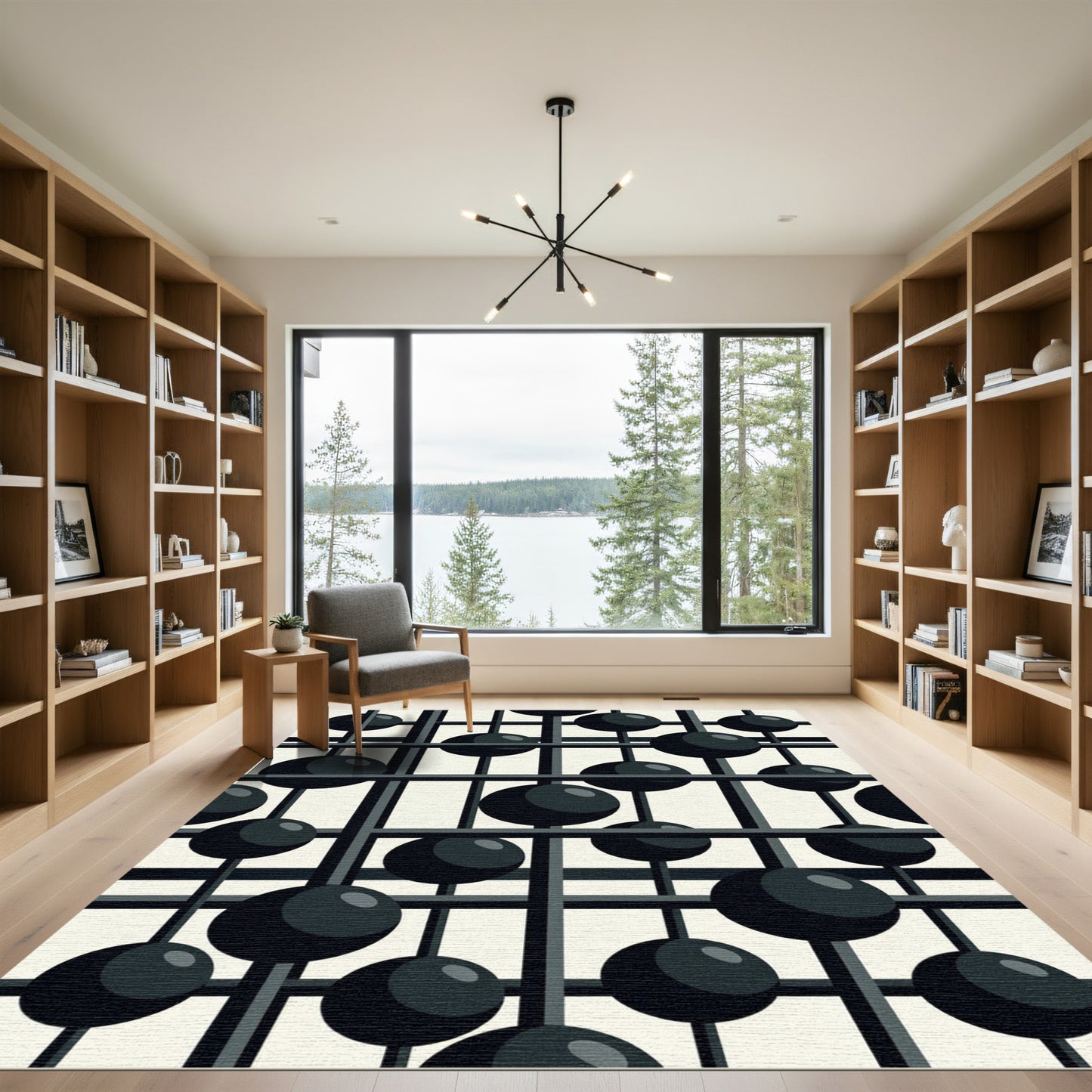 Geometric Black Orb Grid Rug