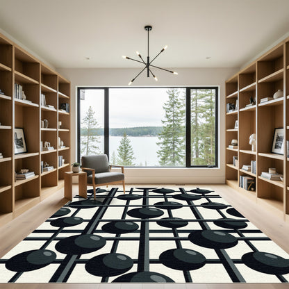 Geometric Black Orb Grid Rug
