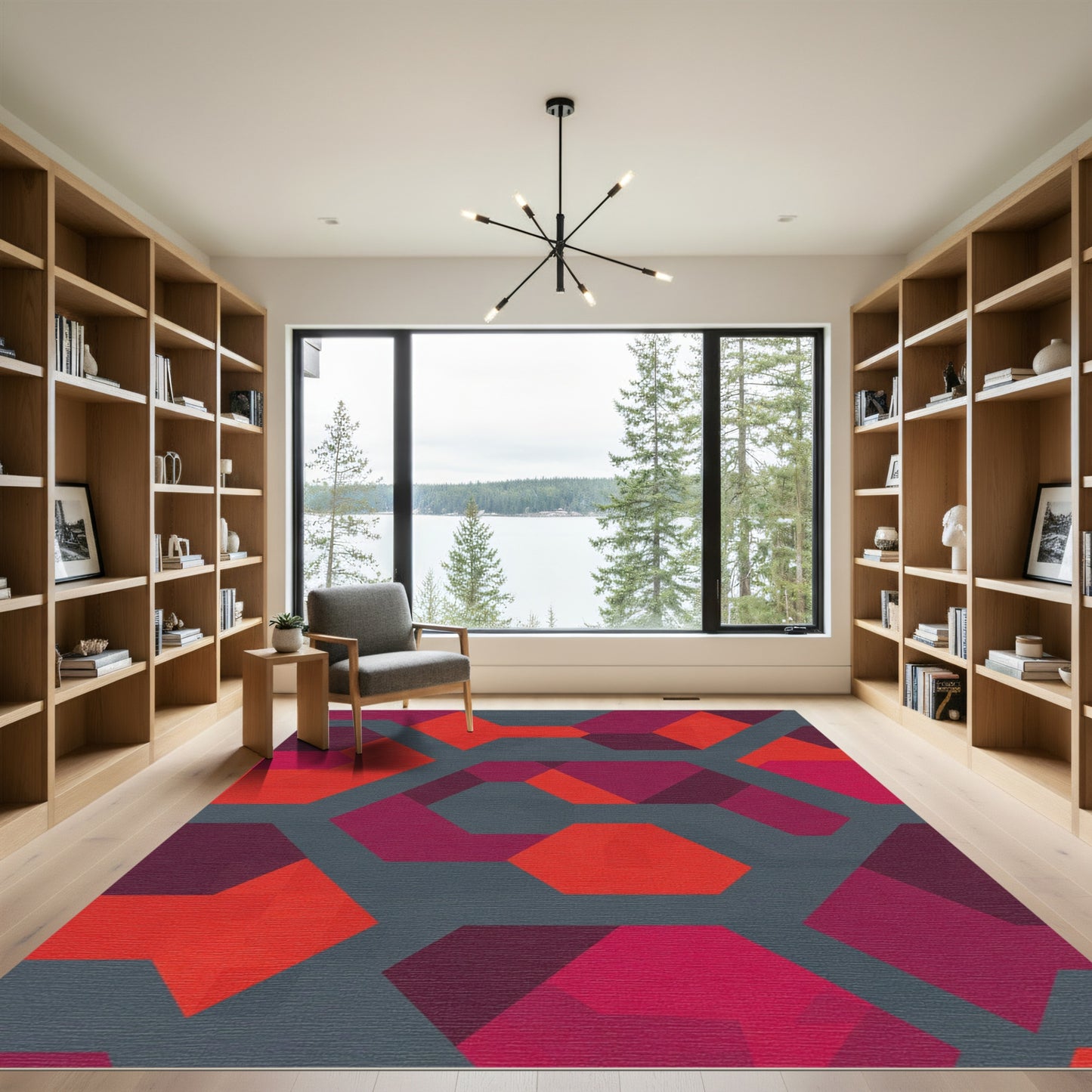 Crimson Magenta Geometric Overlay Rug