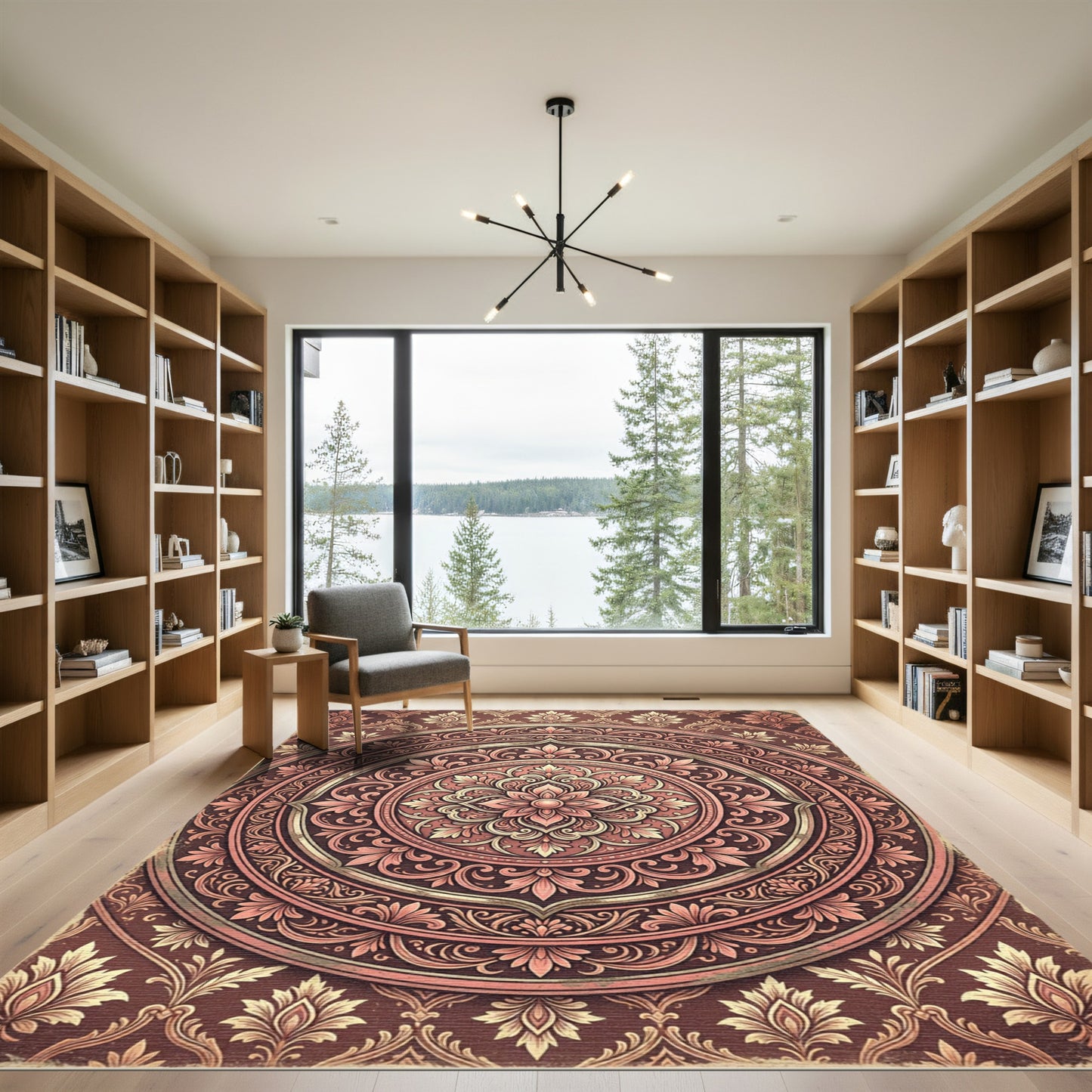 Elegant Crimson Floral Medallion Circular Ornament Rug