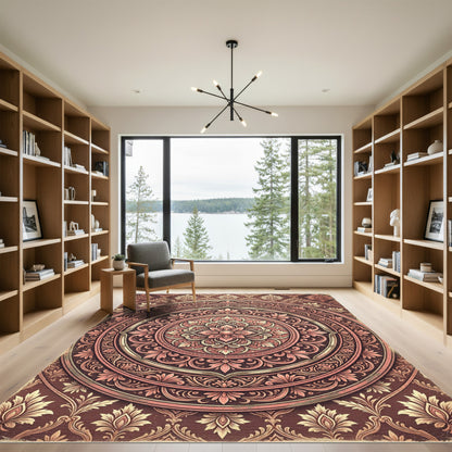 Elegant Crimson Floral Medallion Circular Ornament Rug