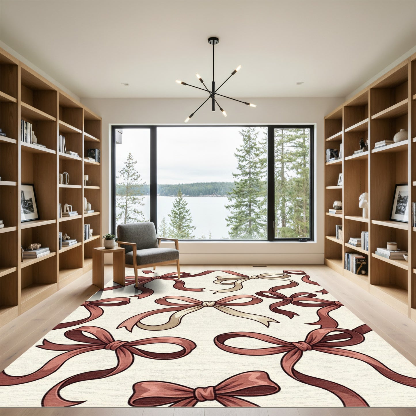 Elegant Dusty Rose Ribbon Motif Rug