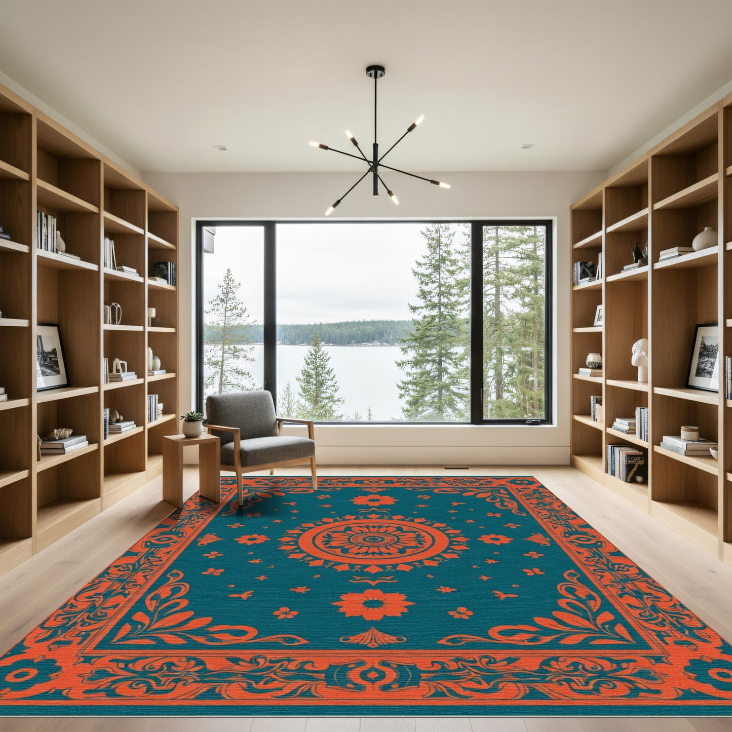 Teal Orange Medallion Floral Border Rug