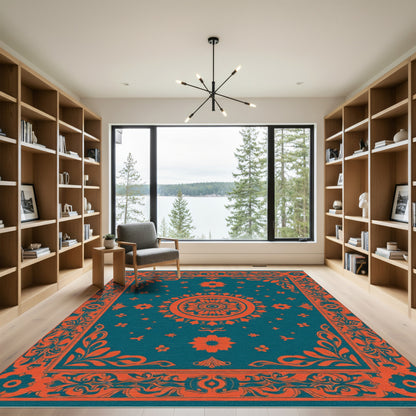 Teal Orange Medallion Floral Border Rug
