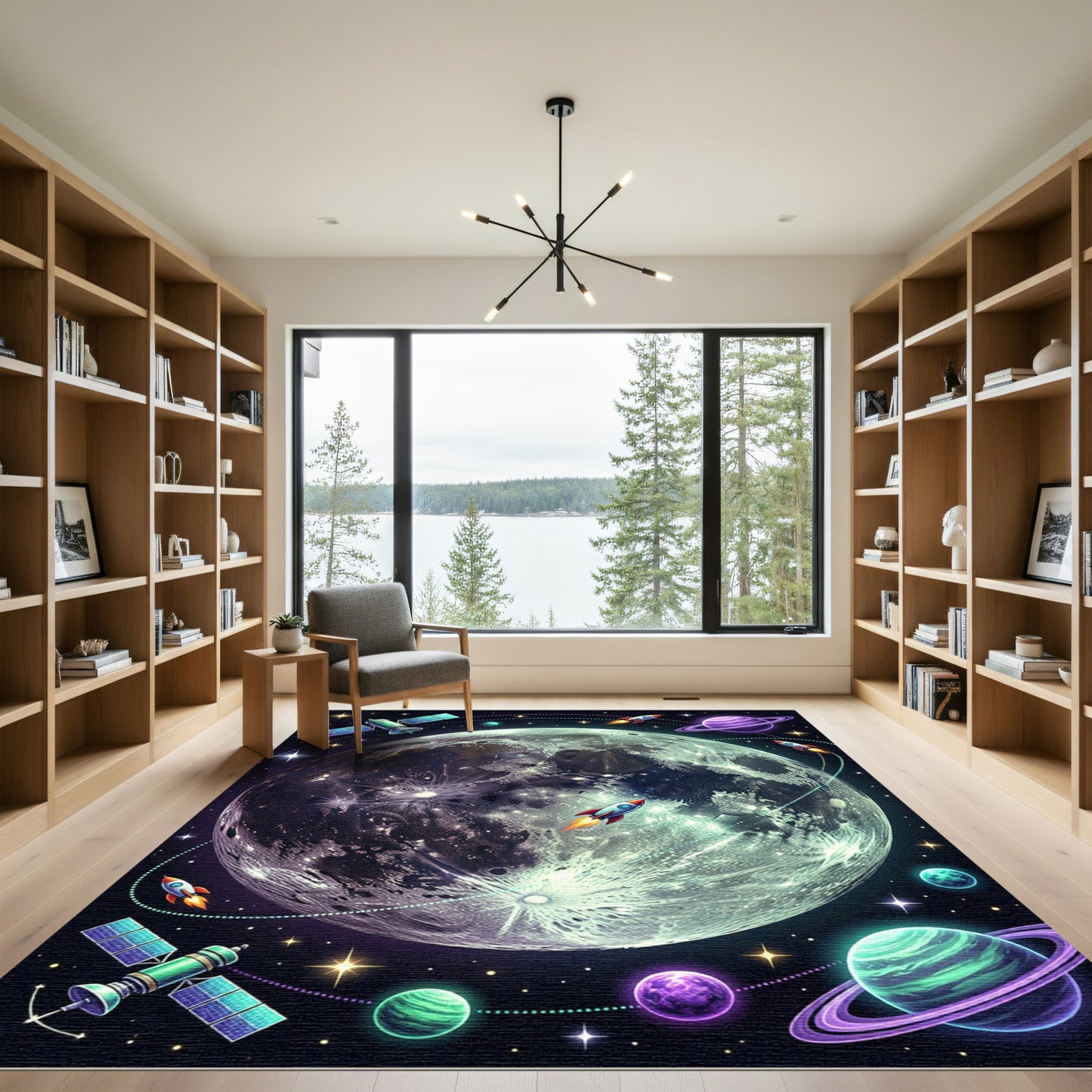 Vibrant Celestial Moon and Rocket Galaxy Rug
