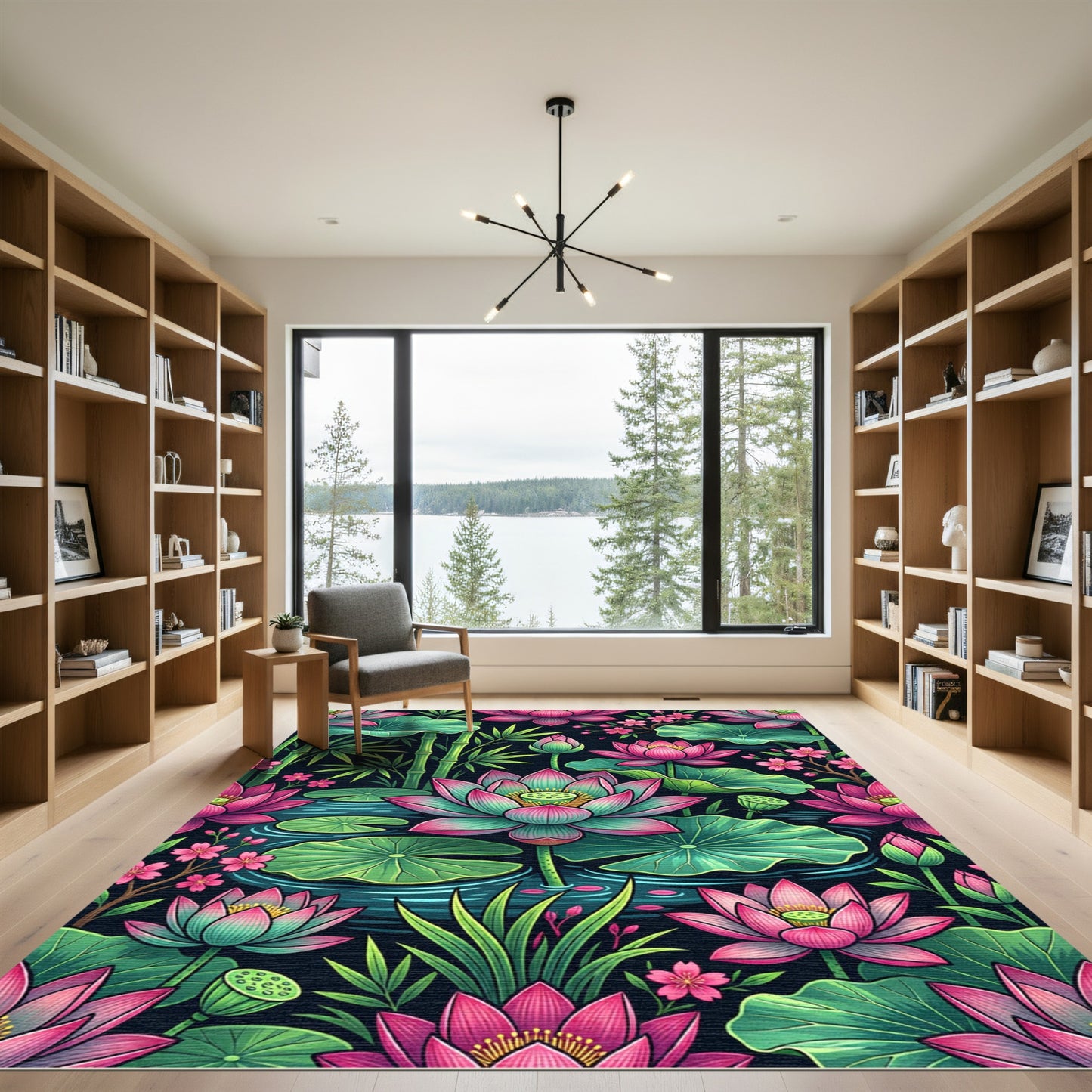 Vibrant Pink Lotus Bamboo Floral Pond Rug