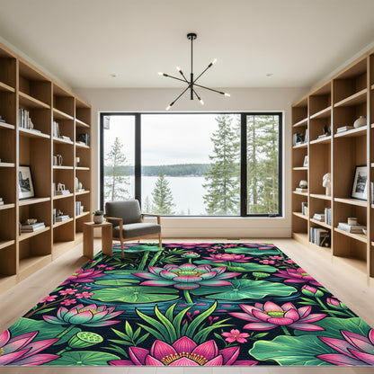 Vibrant Pink Lotus Bamboo Floral Pond Rug