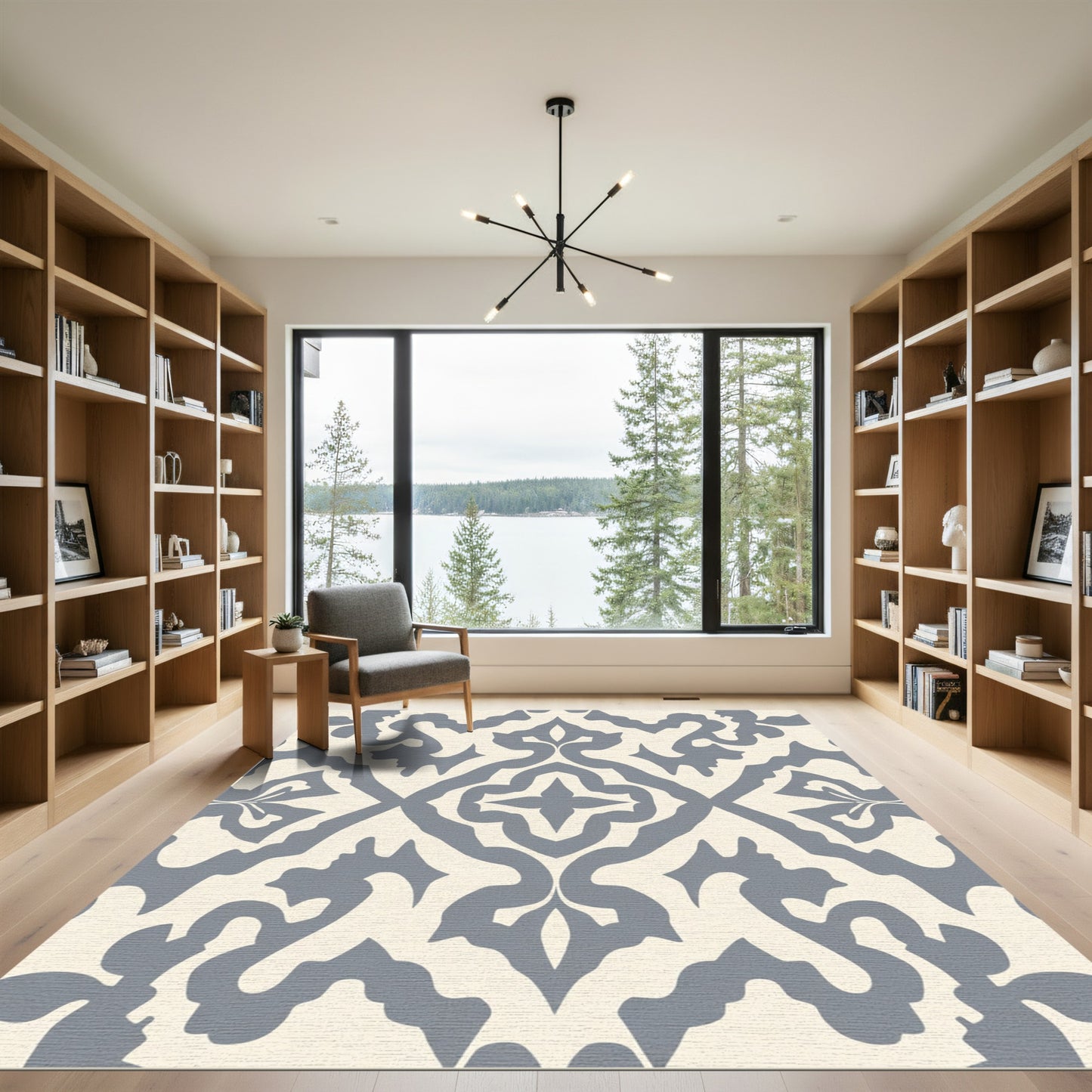 Grey Cream damask ornamental arrangement Rug