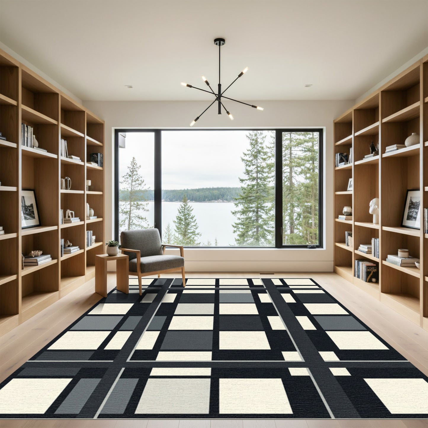 Monochrome Geometric Grid Checkered Square Rug