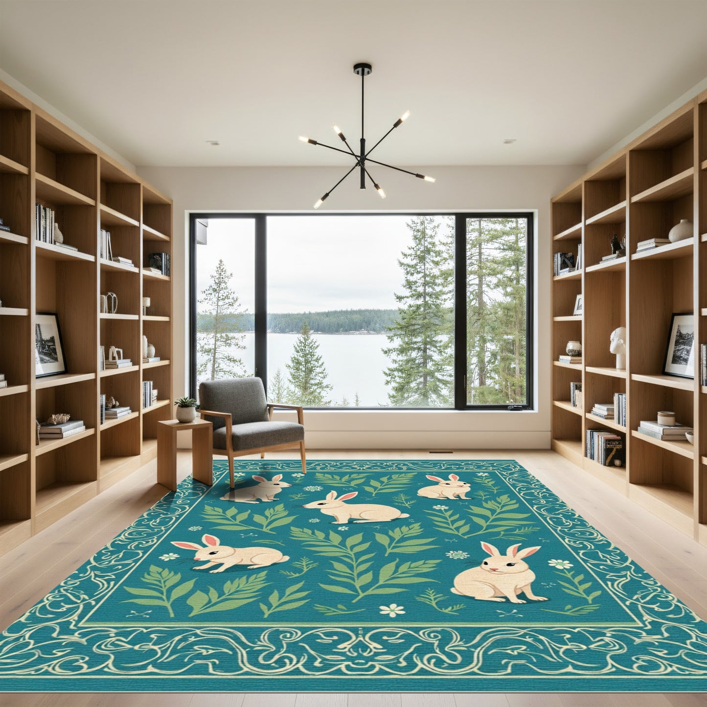 Cream Rabbits Green Foliage Border Rug