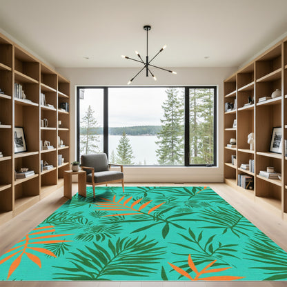 Turquoise Green Palm Leaf Ensemble Rug