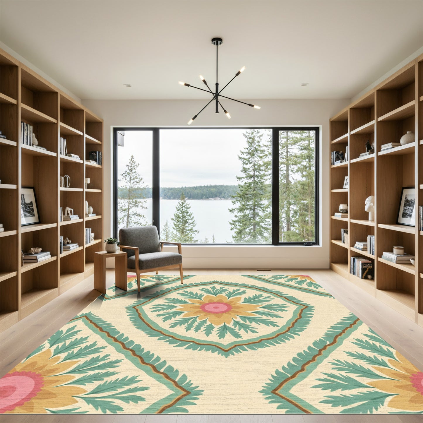 Cream Floral Sunburst Diamond Rug