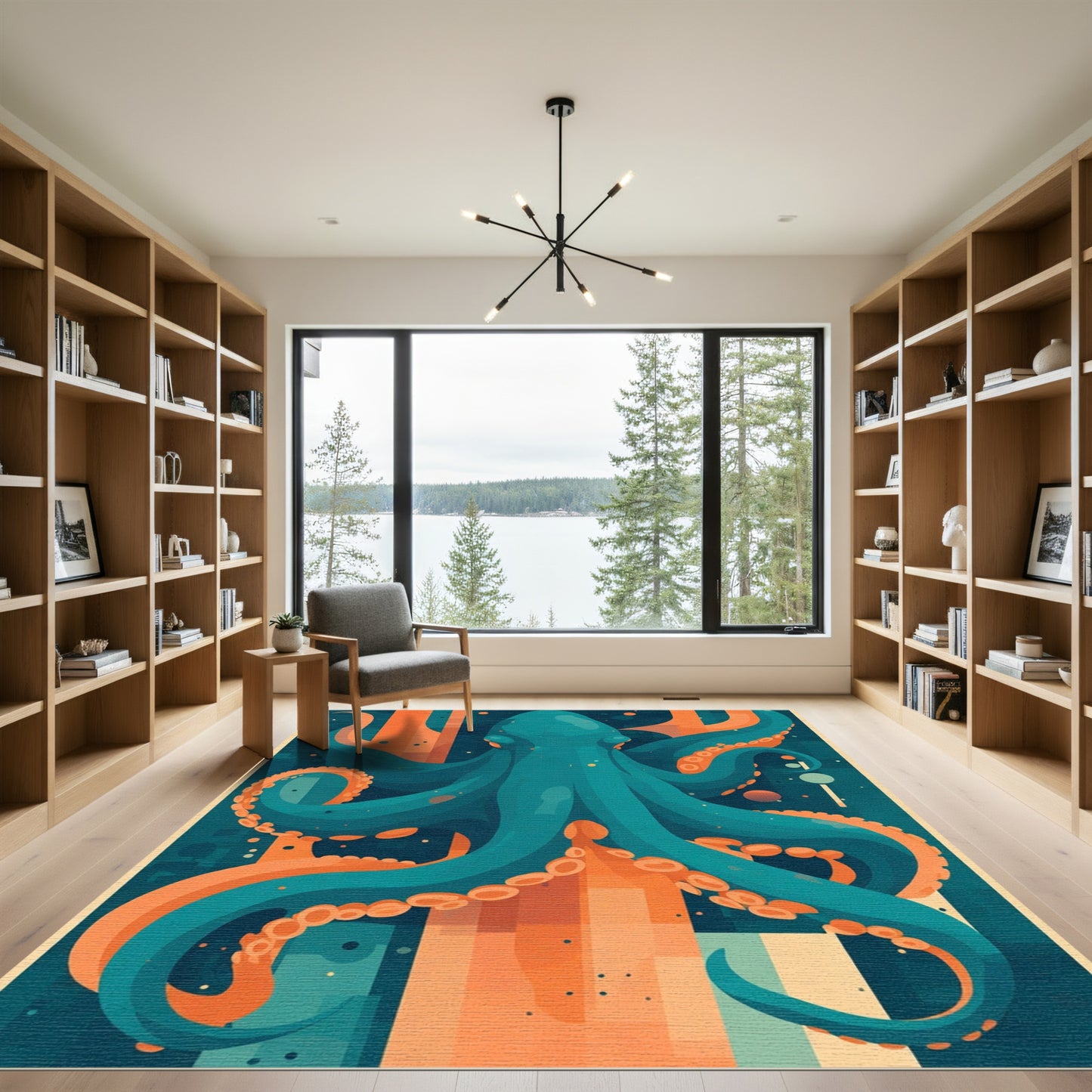 Teal Octopus Orange Abstract Waves Rug
