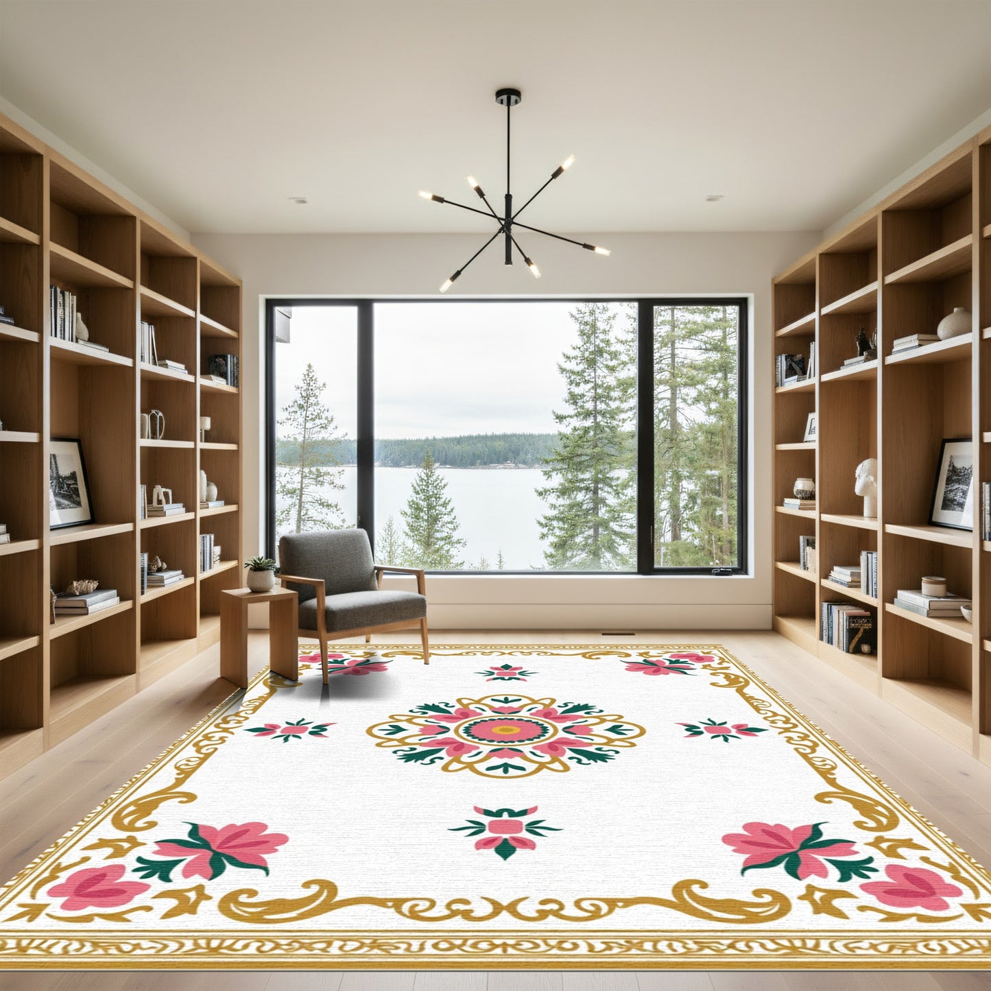 Vibrant Pink Floral Medallion Scroll Rug