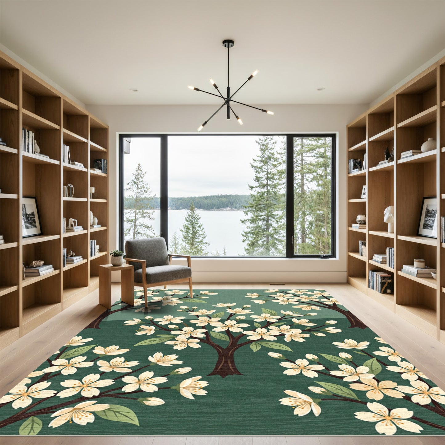 Elegant Sage Green Cherry Blossom Meadow Rug