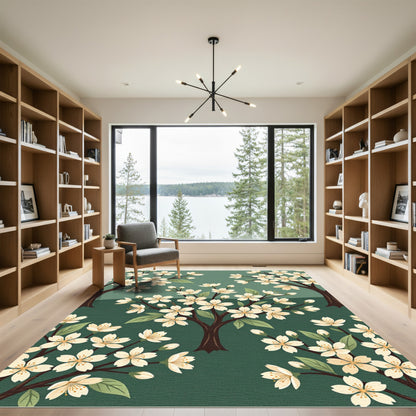 Elegant Sage Green Cherry Blossom Meadow Rug