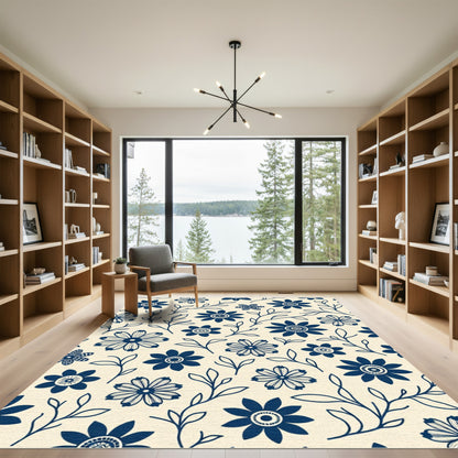 Navy Blue Floral Branch Arrangement Rug