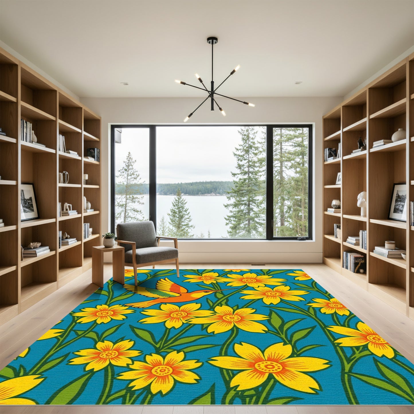 Vibrant Yellow Floral Hummingbird Scene Rug