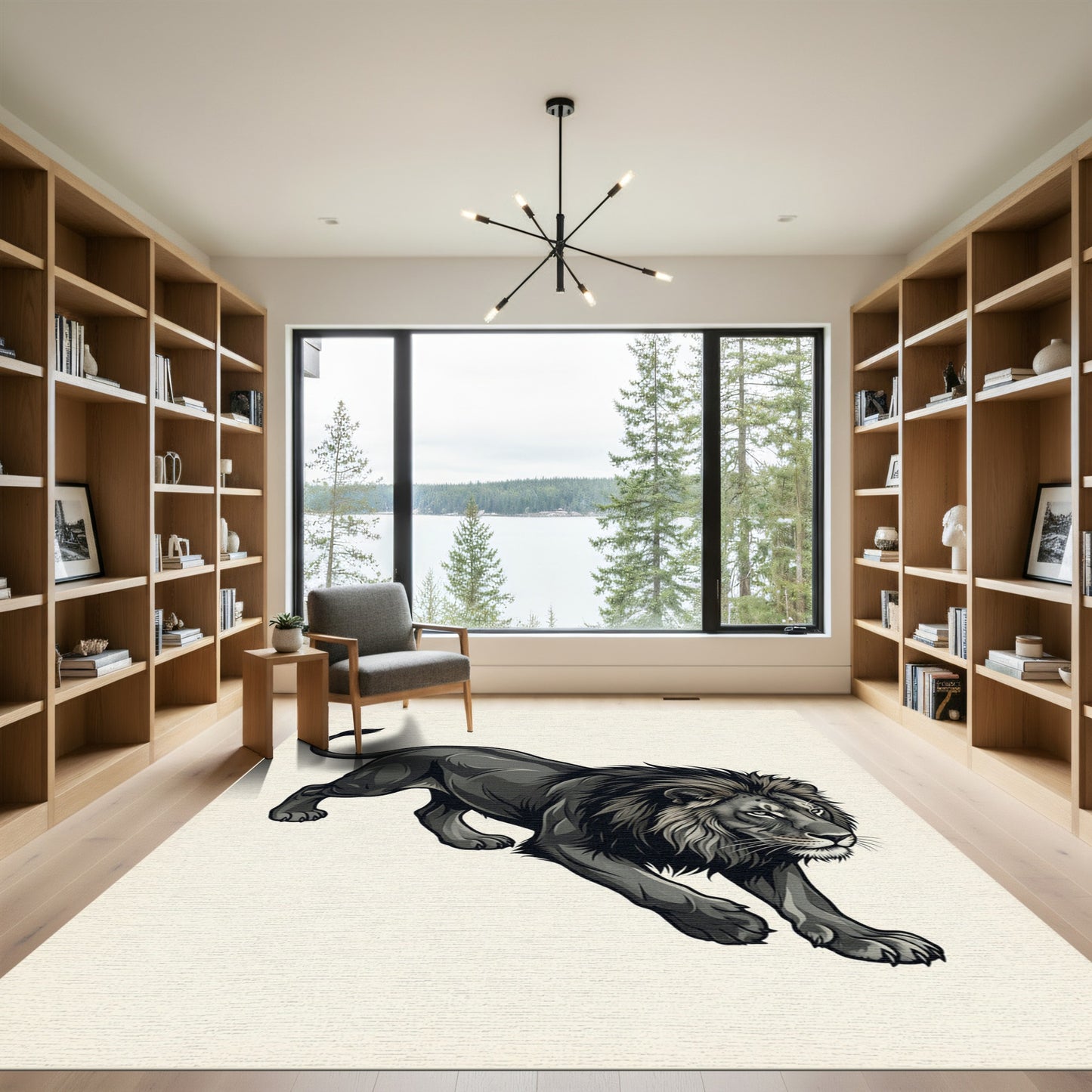 Majestic Monochrome Prowling Lion Illustration Rug