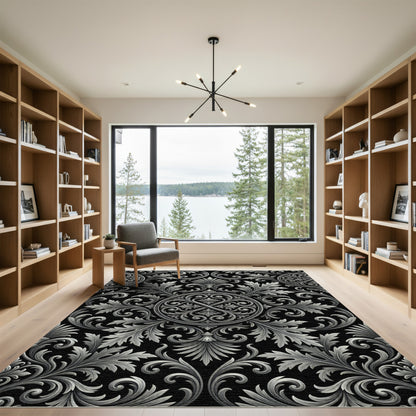 Ornate Silver Acanthus Leaf Medallion Rug