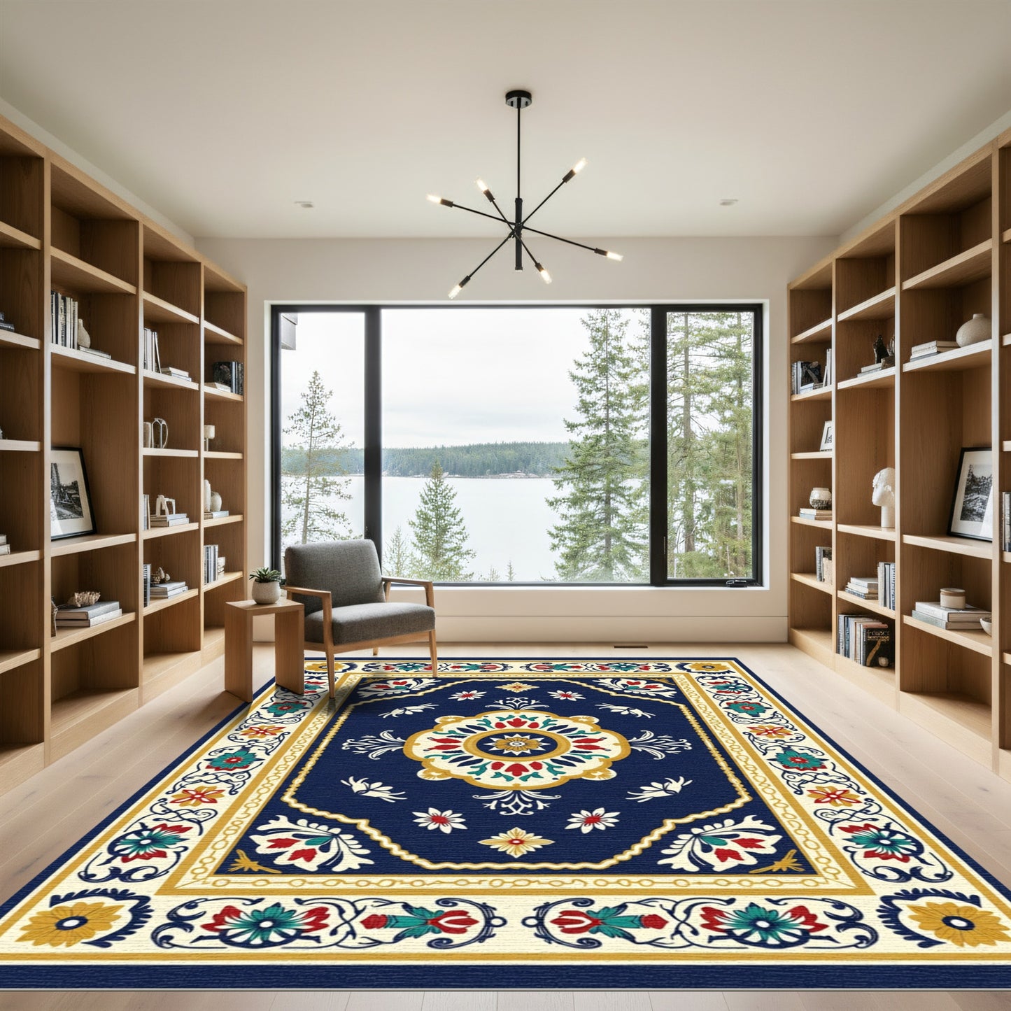 Navy Red Floral Medallion Sunburst Rug