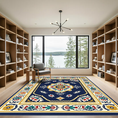 Navy Red Floral Medallion Sunburst Rug