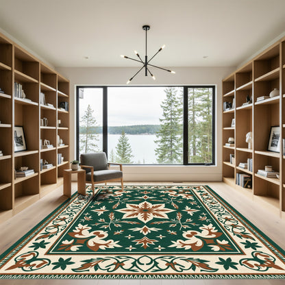 Earthy Cream and Green Floral Medallion Rug