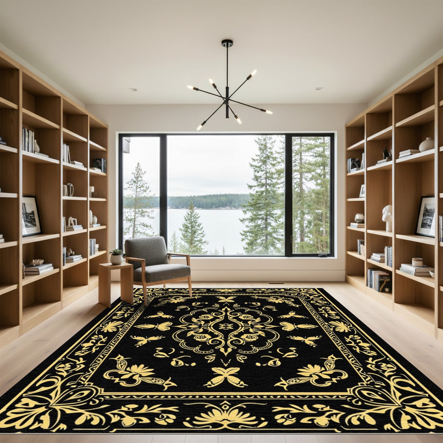 Black And Gold Chinoiserie Butterfly Medallion Rug