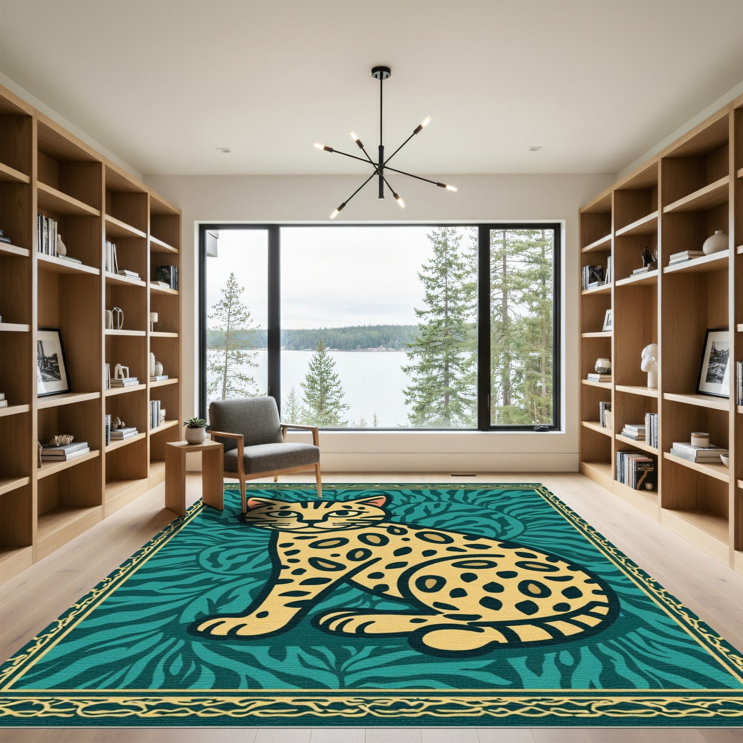 Golden Spotted Cat Teal Jungle Rug