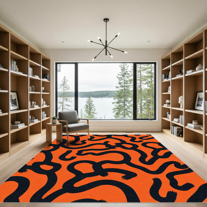 Bold Orange Black Abstract Swirls Rug
