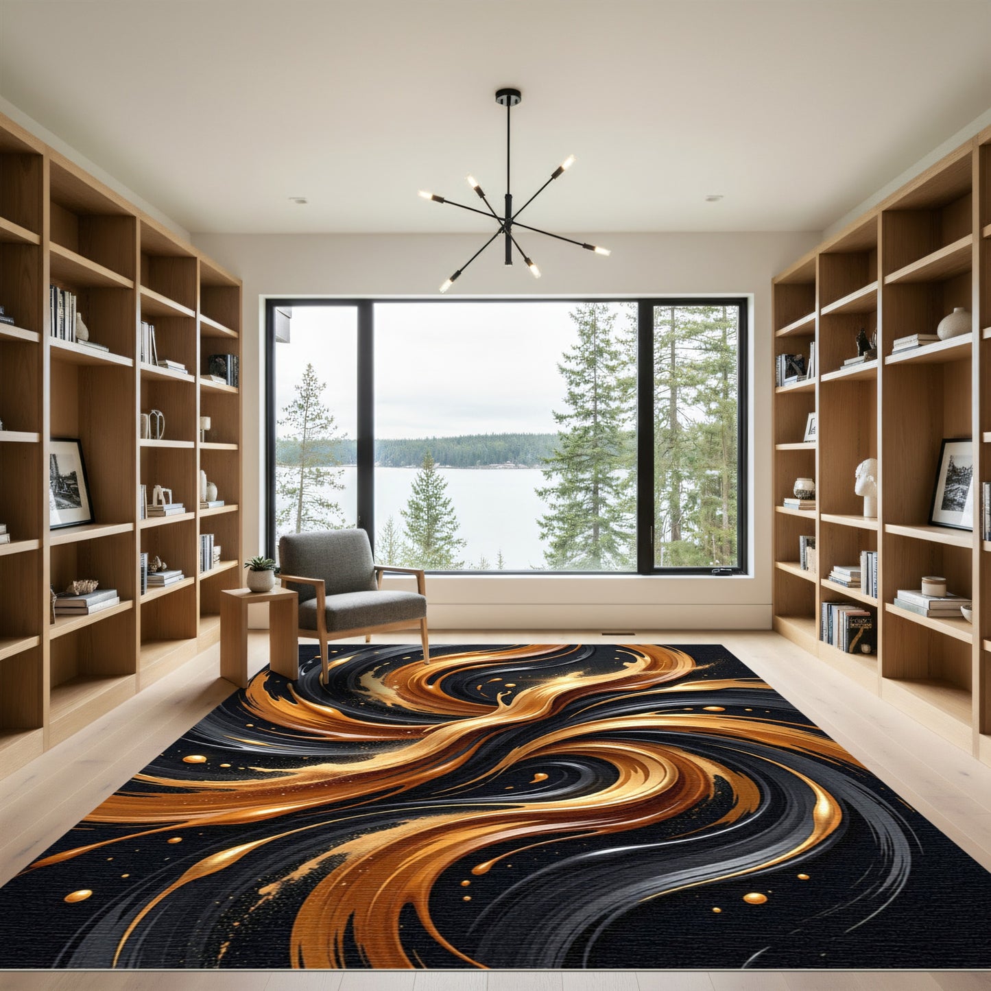 Golden Swirl Abstract Black Liquid Art Rug