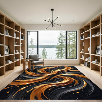 Golden Swirl Abstract Black Liquid Art Rug