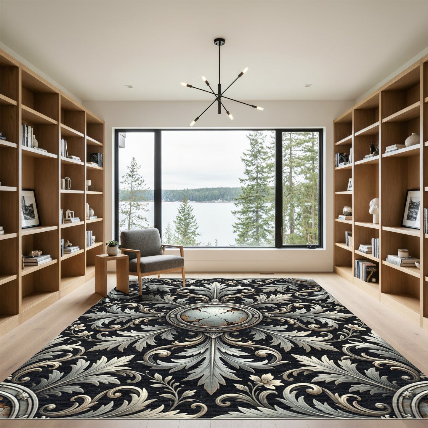 Ornate Aged Silver Floral Medallion Rug