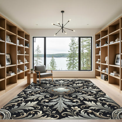 Ornate Aged Silver Floral Medallion Rug