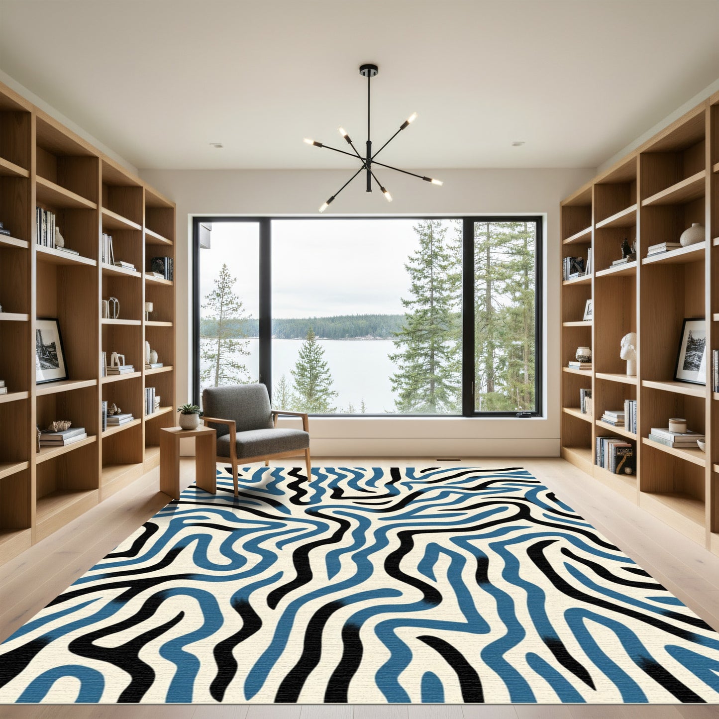 Abstract Blue Black Wavy Lines Rug