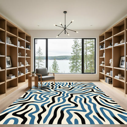 Abstract Blue Black Wavy Lines Rug