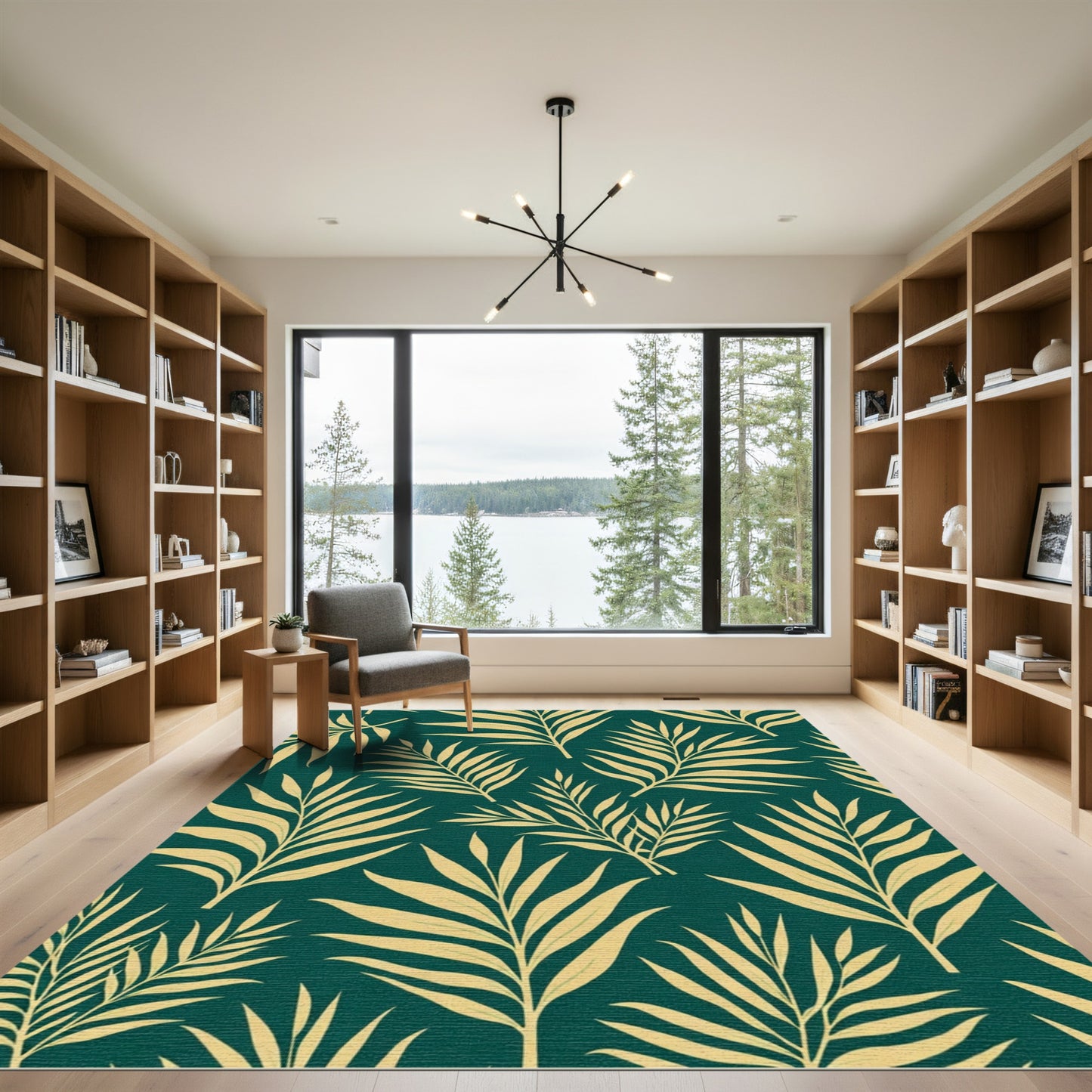 Golden Palm Fronds On Teal Background Rug