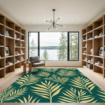 Golden Palm Fronds On Teal Background Rug