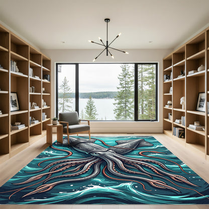 Intricate Silver Squid Ocean Waves Rug