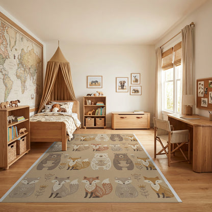 Earthy Bear Fox Floral Whimsical Rug