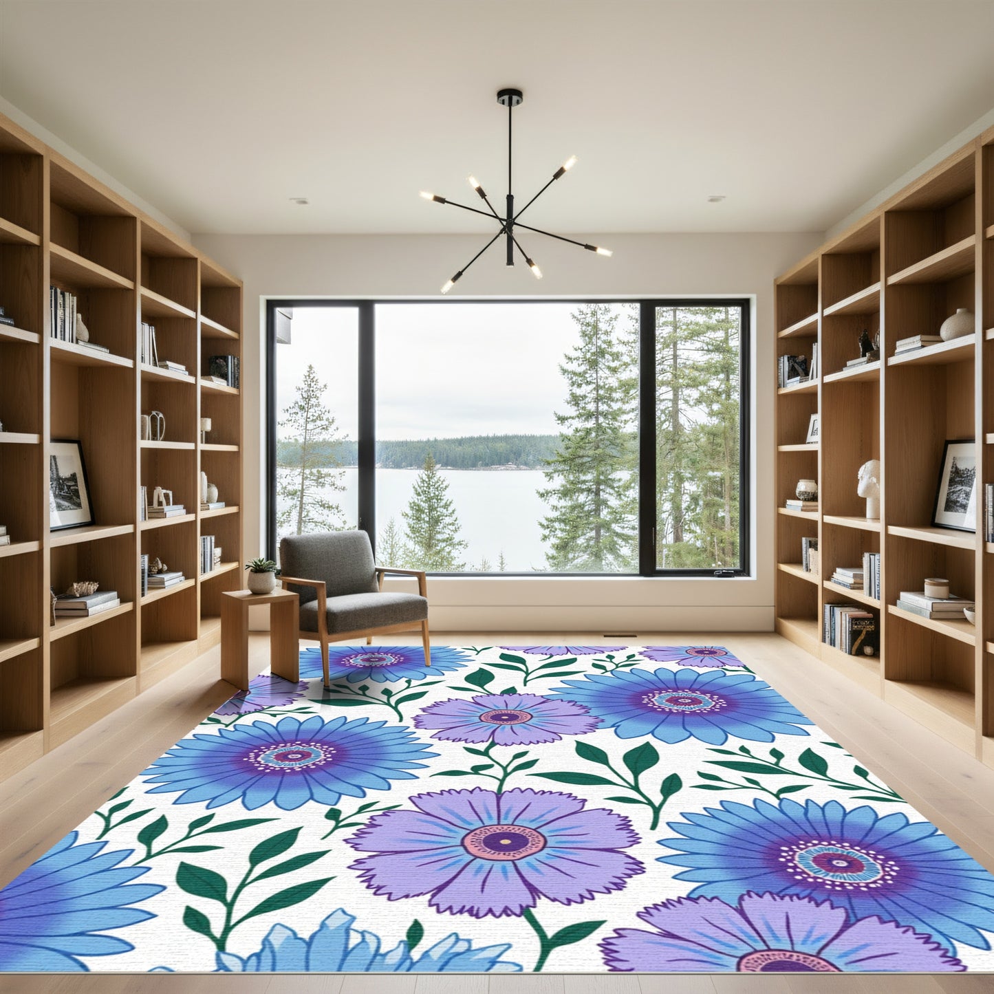 Blue Purple Daisy Floral Garden Rug