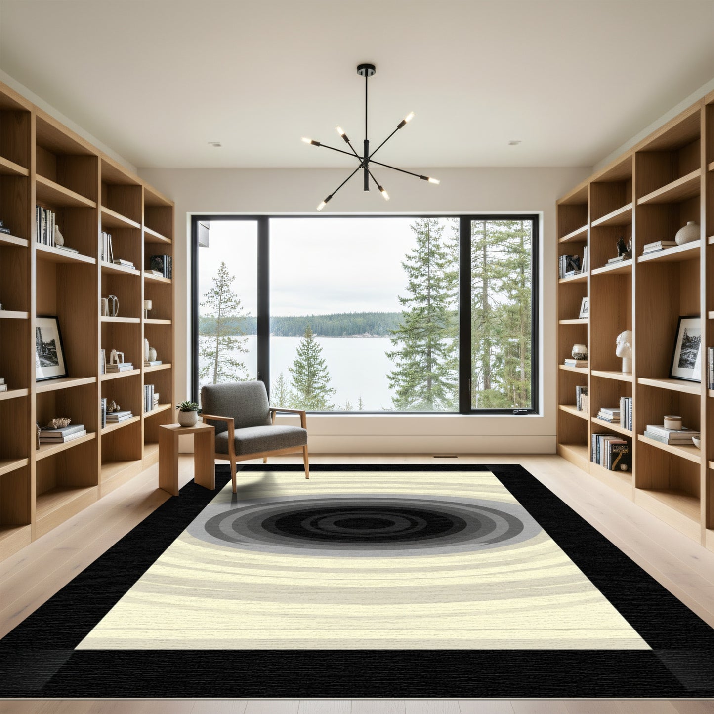 Radial Black Gray Oval Swirl Rug