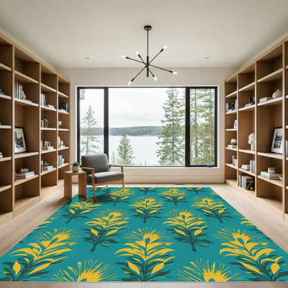 Teal Yellow Feathered Botanical Repeats Rug