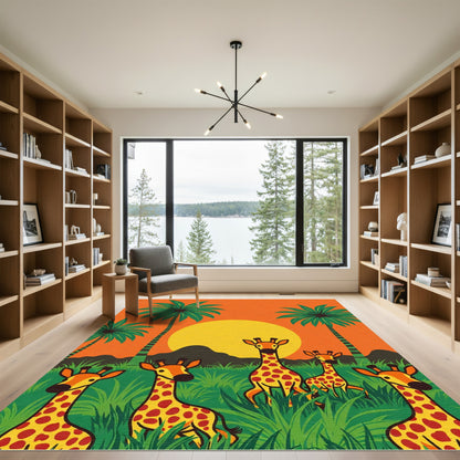 Orange Sunset Giraffes in Lush Jungle Rug
