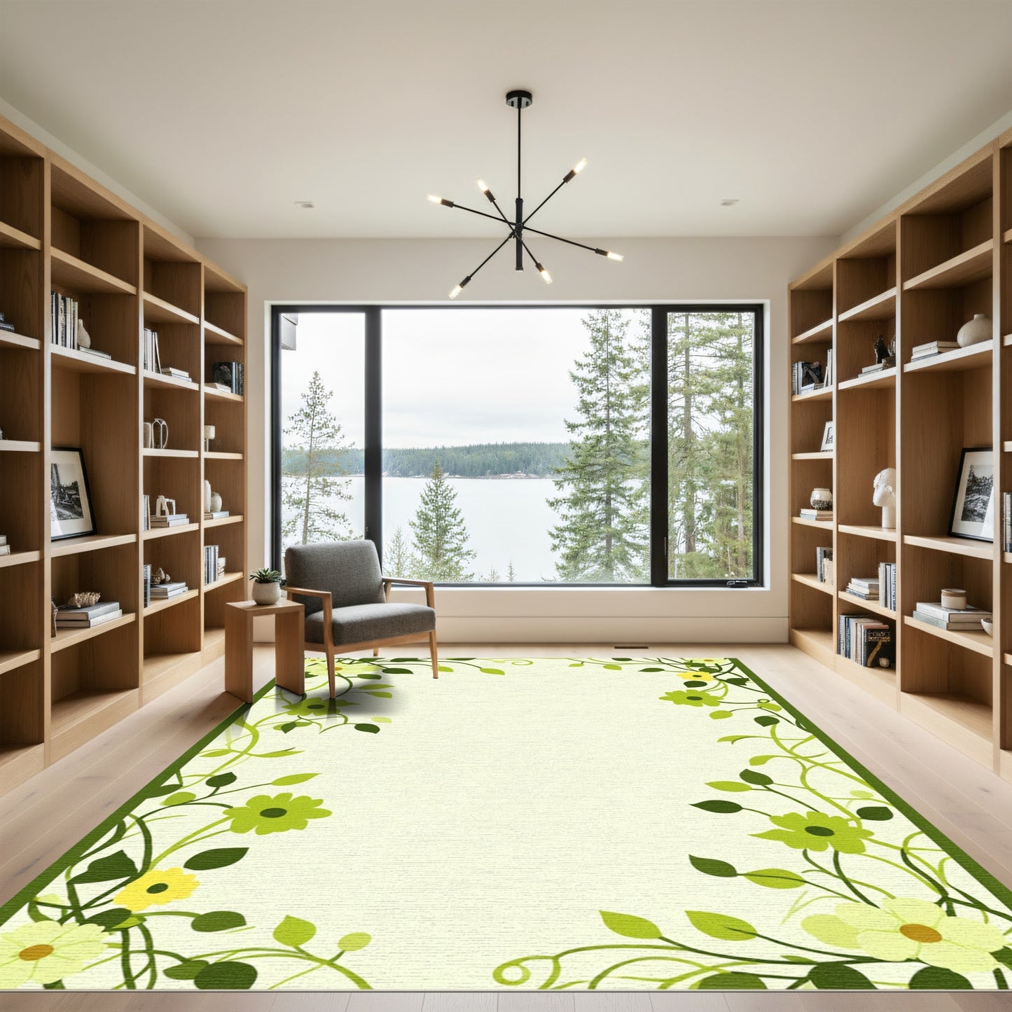Lush Green Floral Vine Border Rug