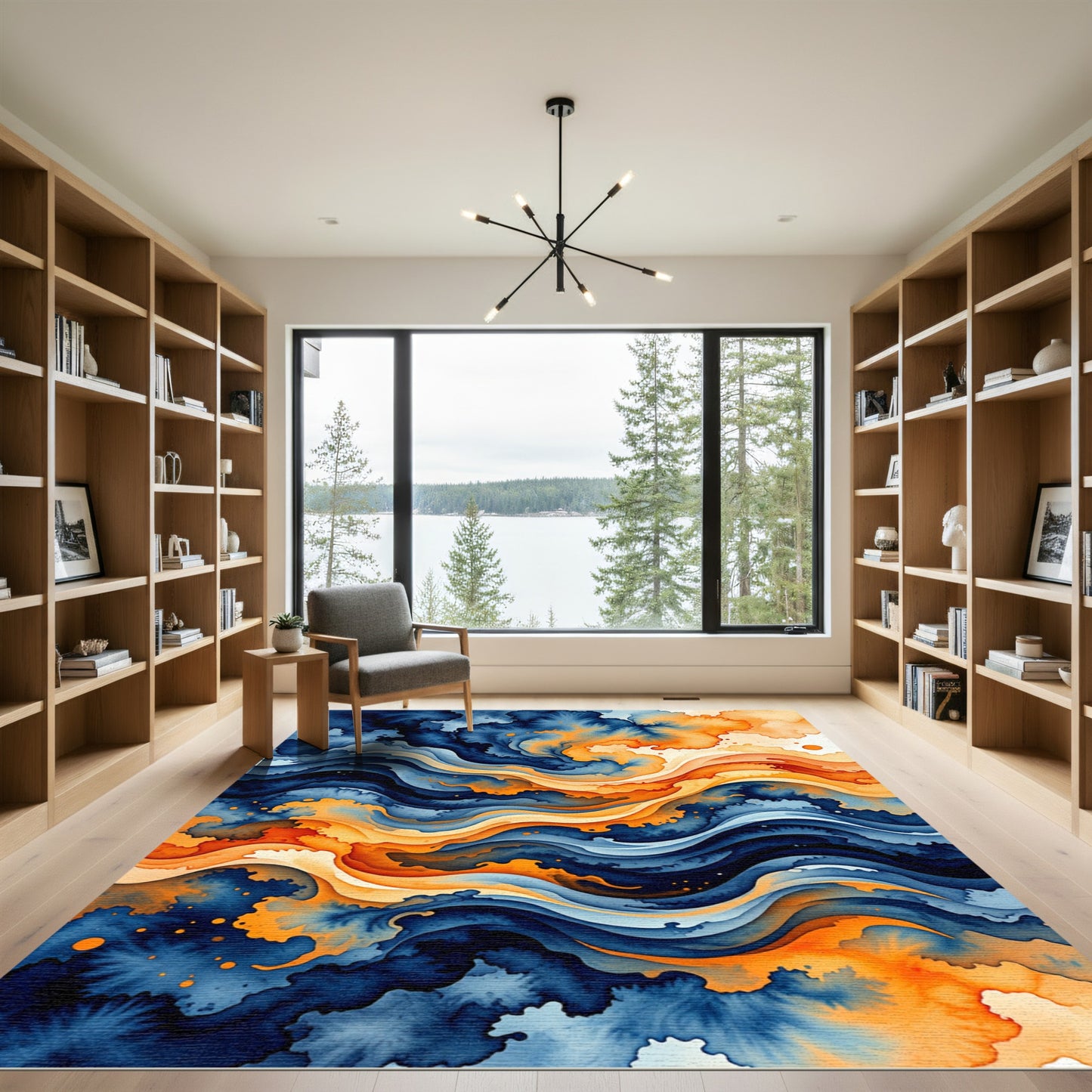 Ethereal Blue and Amber Swirling Wave Rug