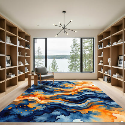 Ethereal Blue and Amber Swirling Wave Rug